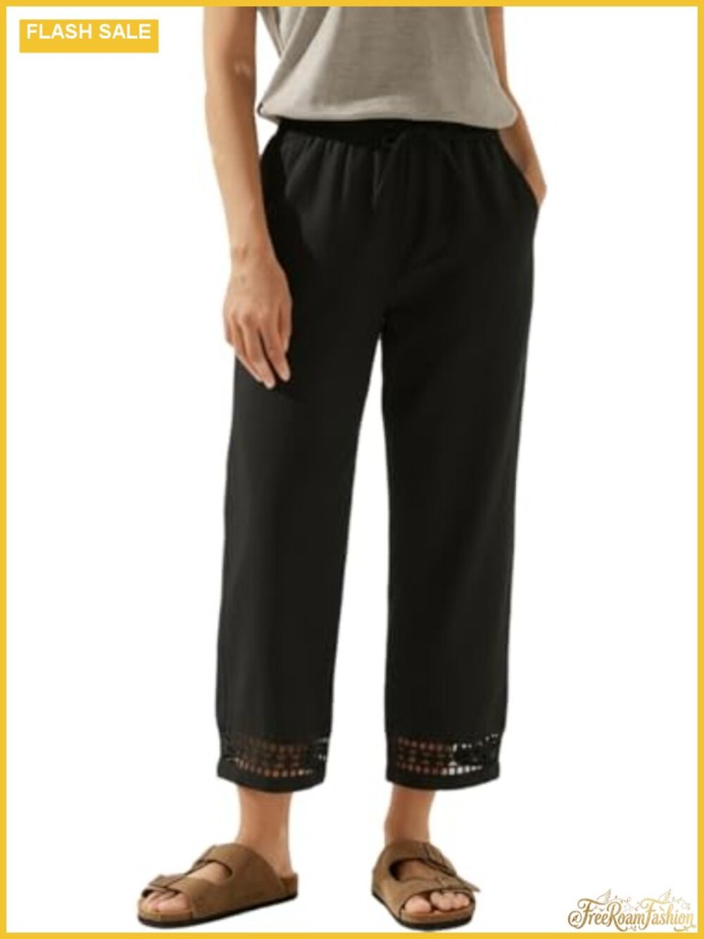 Women's Drawstring Elastic Waist Capri Pants Lace Trim Pocket